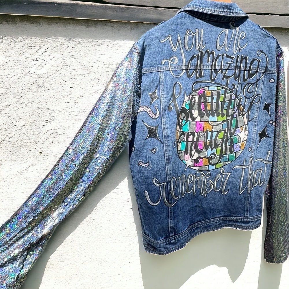 Eras Tour Ready: Dazzling Upcycled Se7en Jacket with Chic Design! Oversized Med - Picture 9 of 16